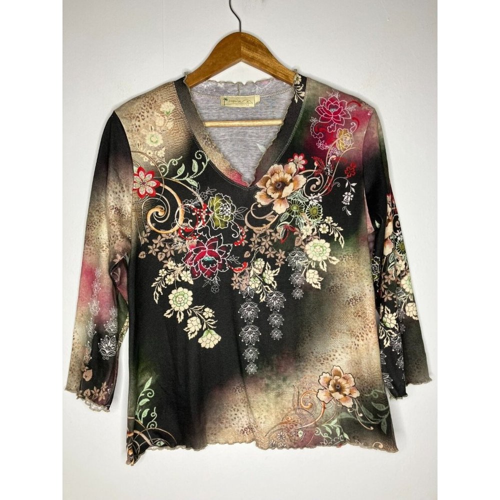 Impulse California Women's Large Floral Long Sleeve Knit Top w/ Rhinestones